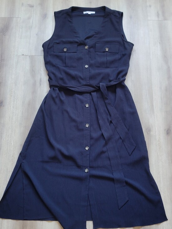 cleo Dresses & Skirts - Sleeveless Navy Button-Front Shirt Dress with Tie Waist